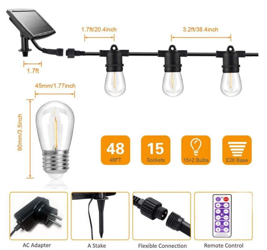 NEW 48 FT SOLAR LED STRING LIGHT 15 BULB WEDDING EDISON BULB 4815S14 - Image 4