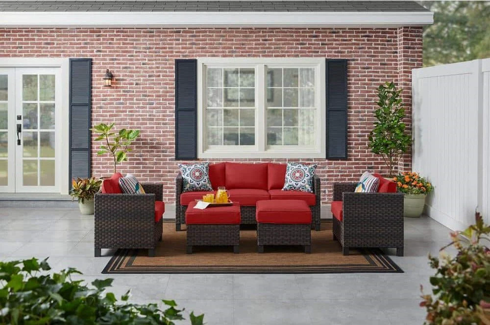 New 5-Piece Dark Wicker Outdoor Patio Furniture Set with Chili Cushions | SKU: 111639