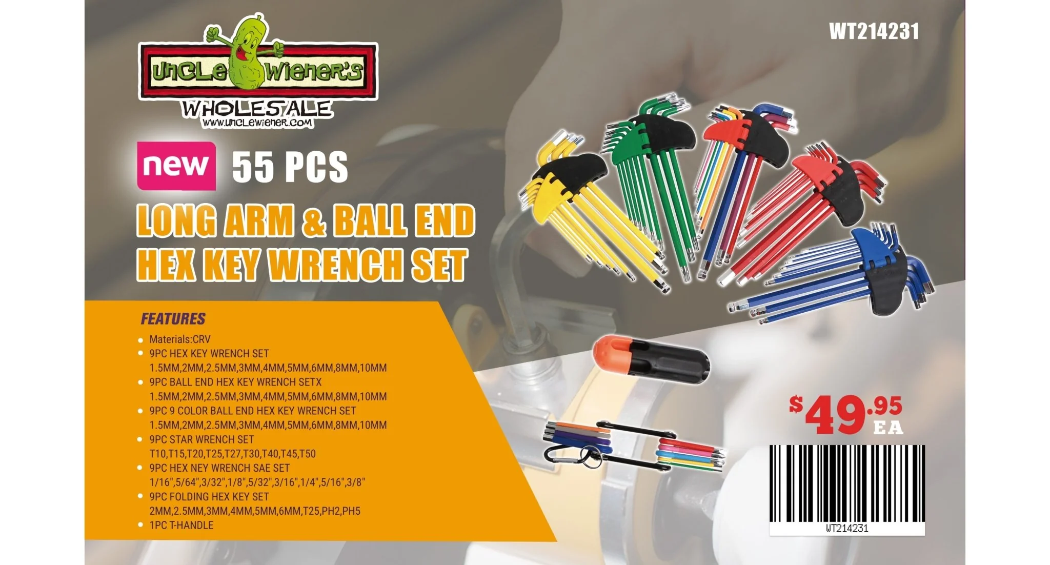 New 55 Pcs Long Arm & Ball End Hex Key Wrench Set WT214231 - Image 3