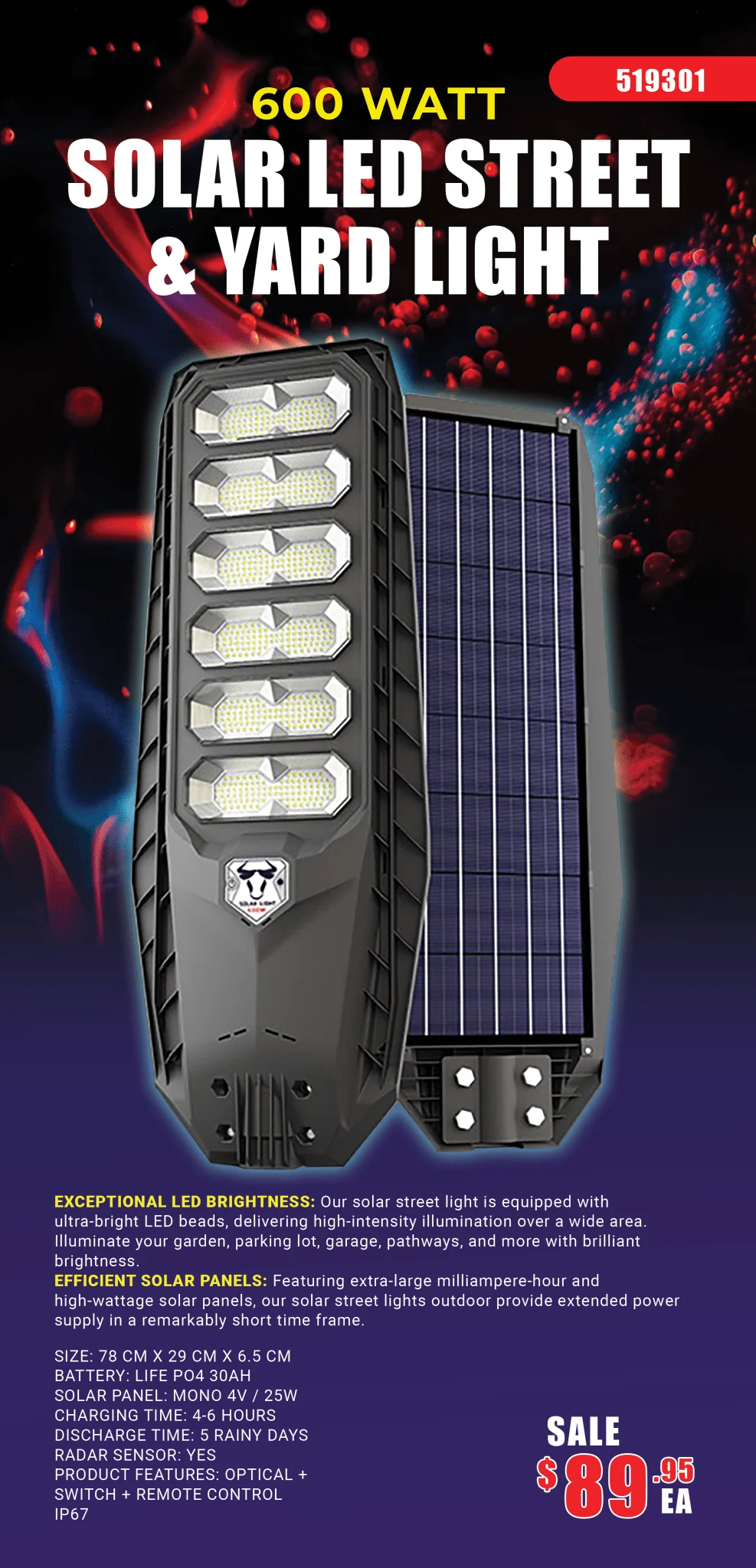 New 600W Solar LED Street & Yard Light – Dusk to Dawn Outdoor Security Lamp with Remote Control & Motion Sensor 519301