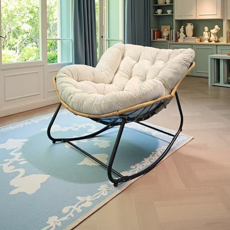 Rocking Outdoor Lounger Chair with Velvet Cushion 330 lb Capacity PE Rattan & Steel Frame Beige Dark Gray Black White - Image 2