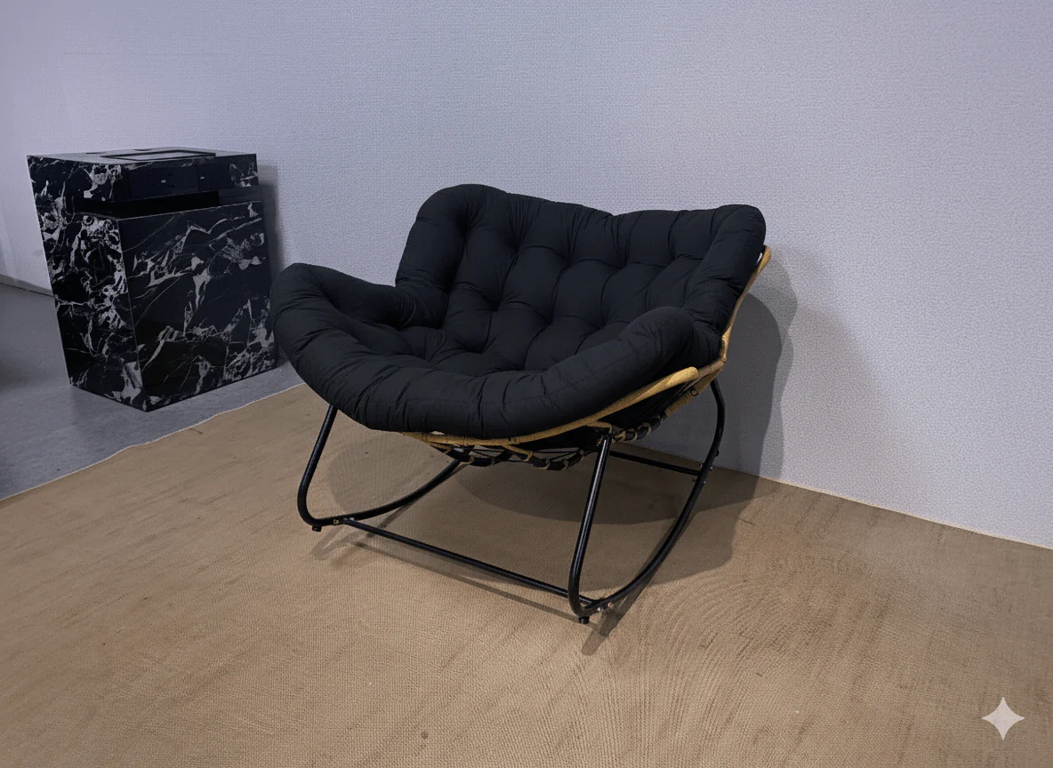 Rocking Outdoor Lounger Chair with Velvet Cushion 330 lb Capacity PE Rattan & Steel Frame Beige Dark Gray Black White - Image 3