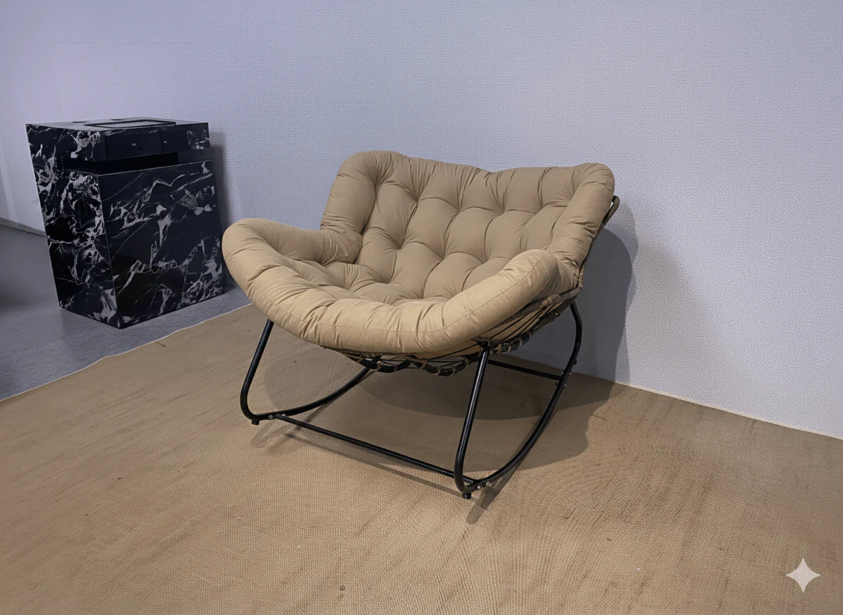 Rocking Outdoor Lounger Chair with Velvet Cushion 330 lb Capacity PE Rattan & Steel Frame Beige Dark Gray Black White - Image 4