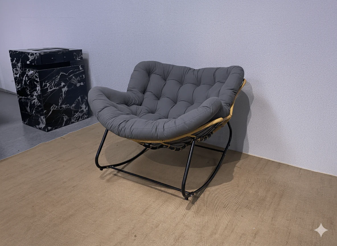 Rocking Outdoor Lounger Chair with Velvet Cushion 330 lb Capacity PE Rattan & Steel Frame Beige Dark Gray Black White - Image 5