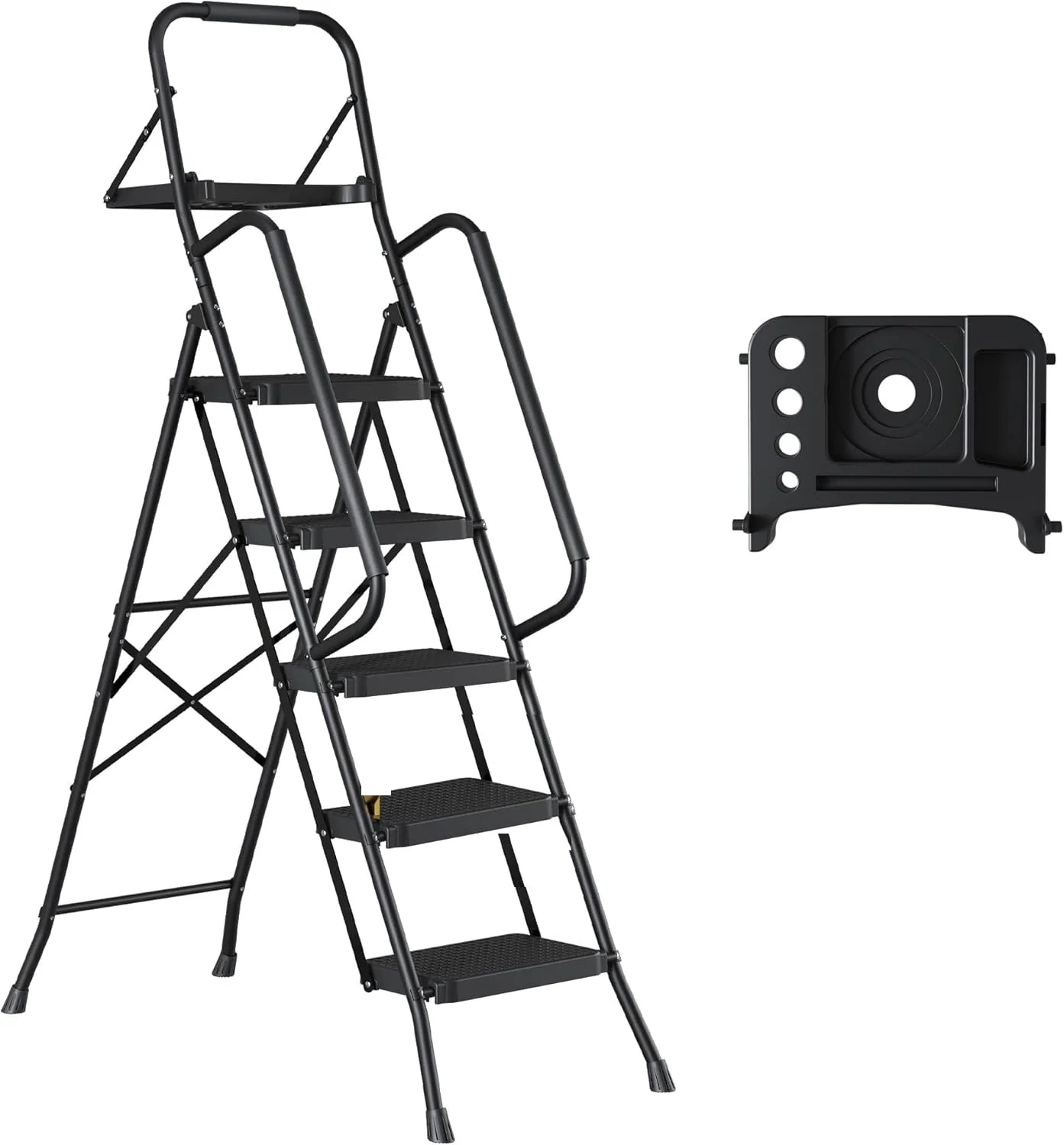 New Black 4 & 5 Step Ladder with Handrails – Heavy-Duty Steel with Tool Tray & Platform - Image 2