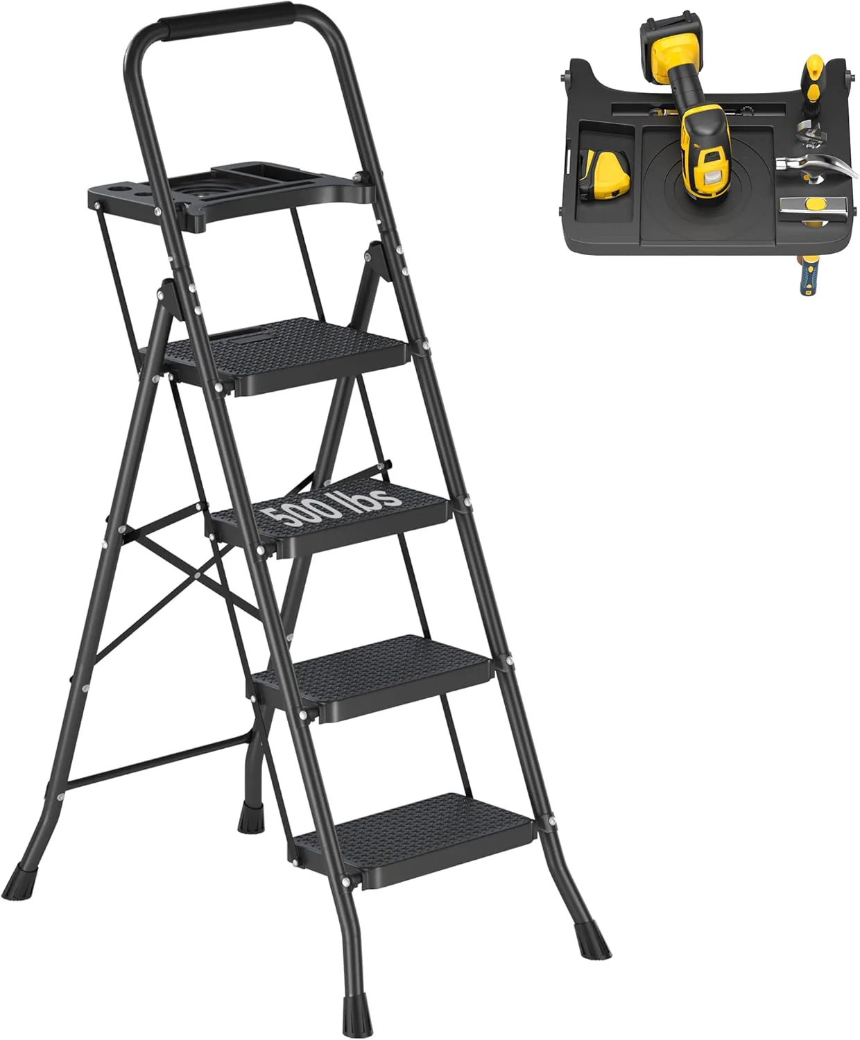 New Black 4 & 5 Step Ladder with Handrails – Heavy-Duty Steel with Tool Tray & Platform - Image 5