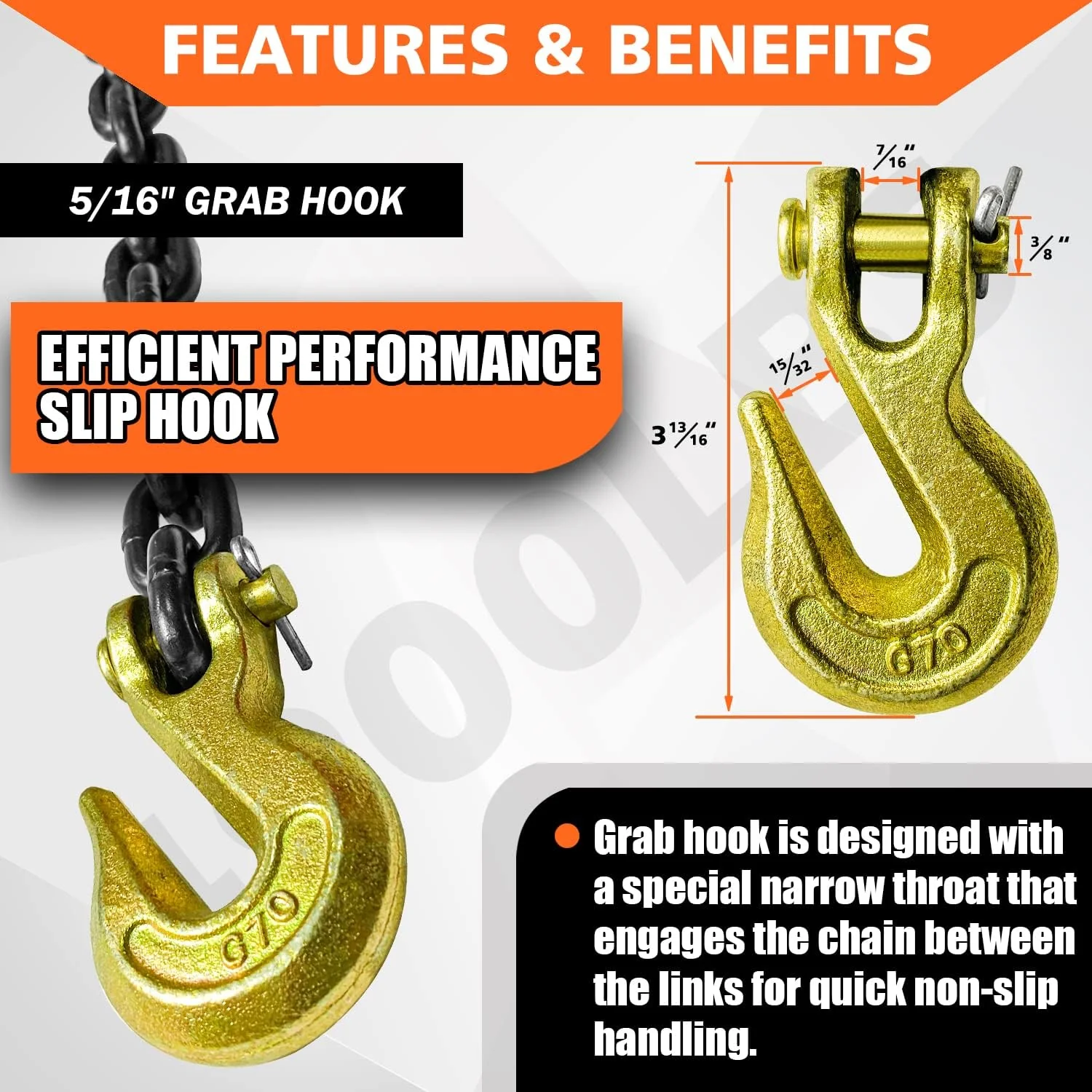 New Grade 80 Tow & Recovery Chain with Grab Hook – 5/16″ x 14FT, 3/8″ x 15FT, 1/2″ x 15FT Options - Image 3