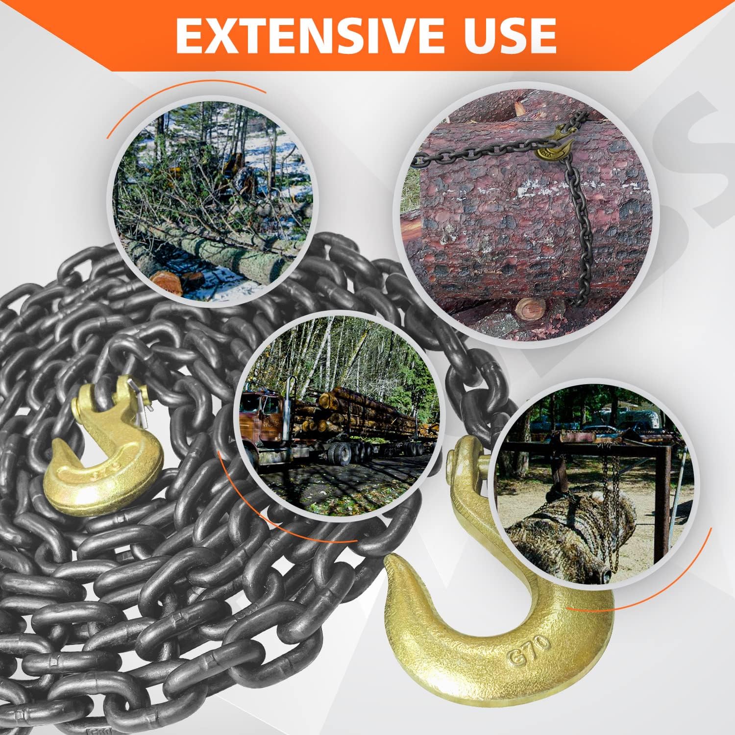 New Grade 80 Tow & Recovery Chain with Grab Hook – 5/16″ x 14FT, 3/8″ x 15FT, 1/2″ x 15FT Options - Image 4