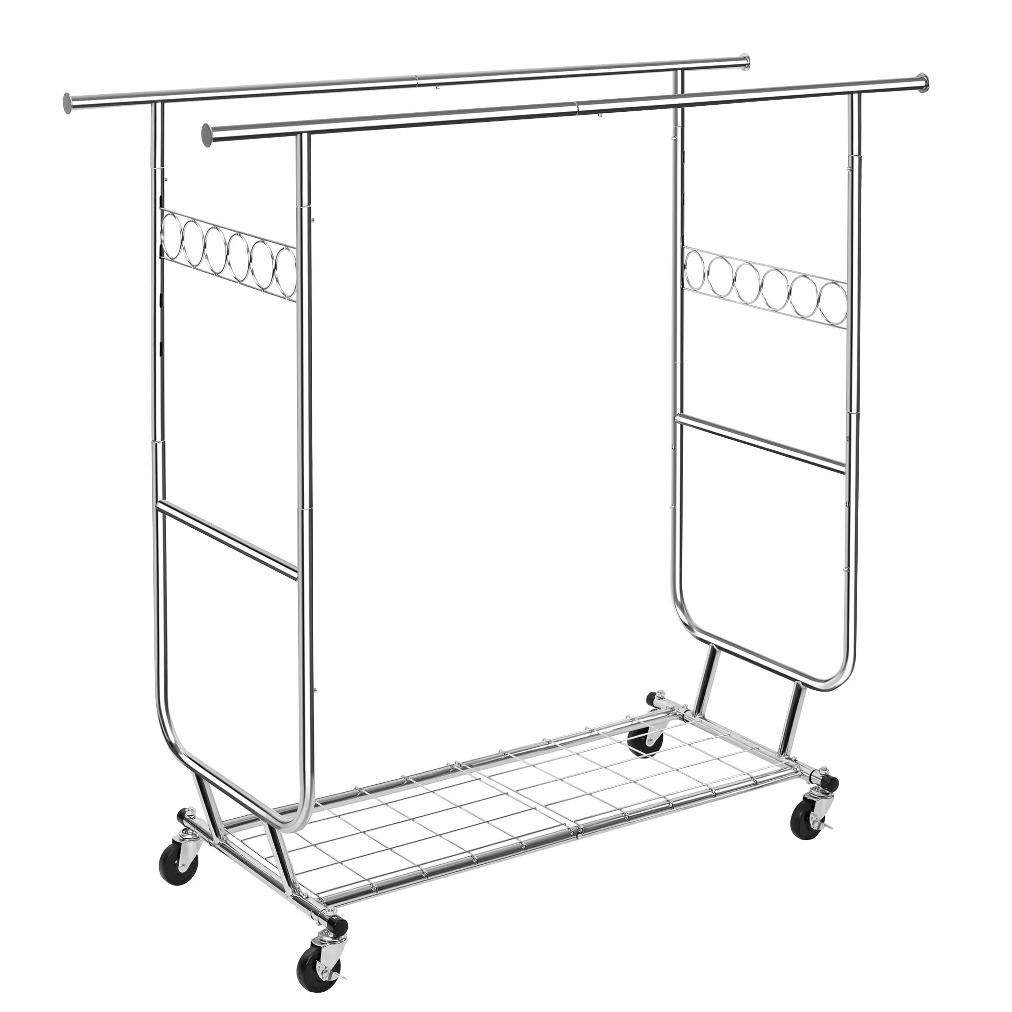 New Heavy Duty Double Rod Clothing Garment Rack – Rolling Adjustable Closet Organizer with Storage 600 lbs Capacity SKU AMCMR2992