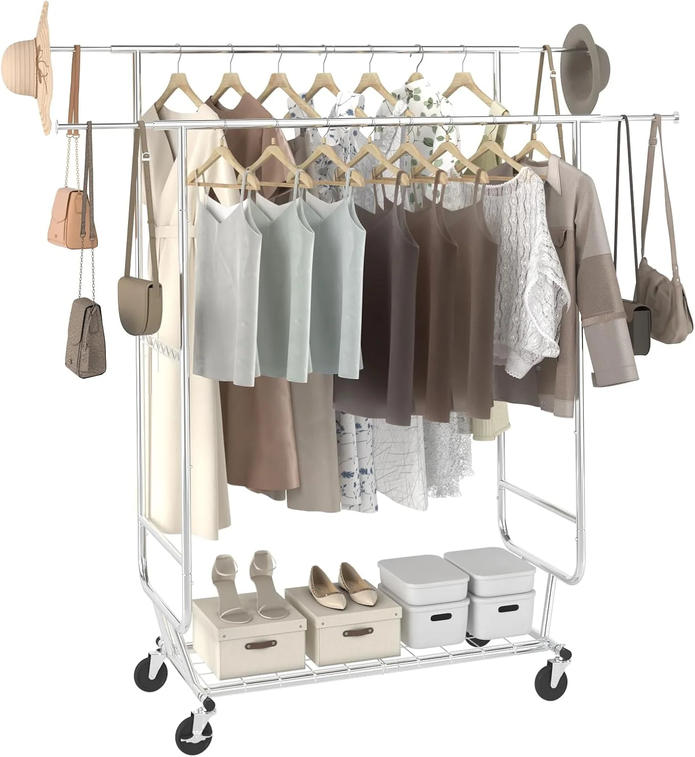 New Heavy Duty Double Rod Clothing Garment Rack – Rolling Adjustable Closet Organizer with Storage 600 lbs Capacity SKU AMCMR2992 - Image 2