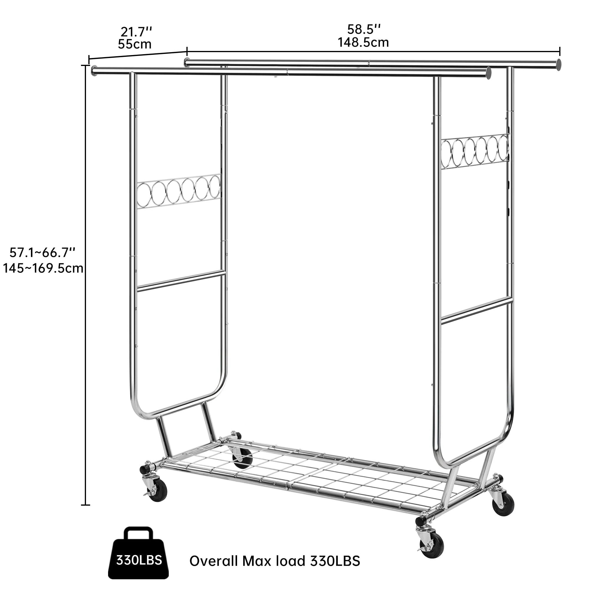 New Heavy Duty Double Rod Clothing Garment Rack – Rolling Adjustable Closet Organizer with Storage 600 lbs Capacity SKU AMCMR2992 - Image 6