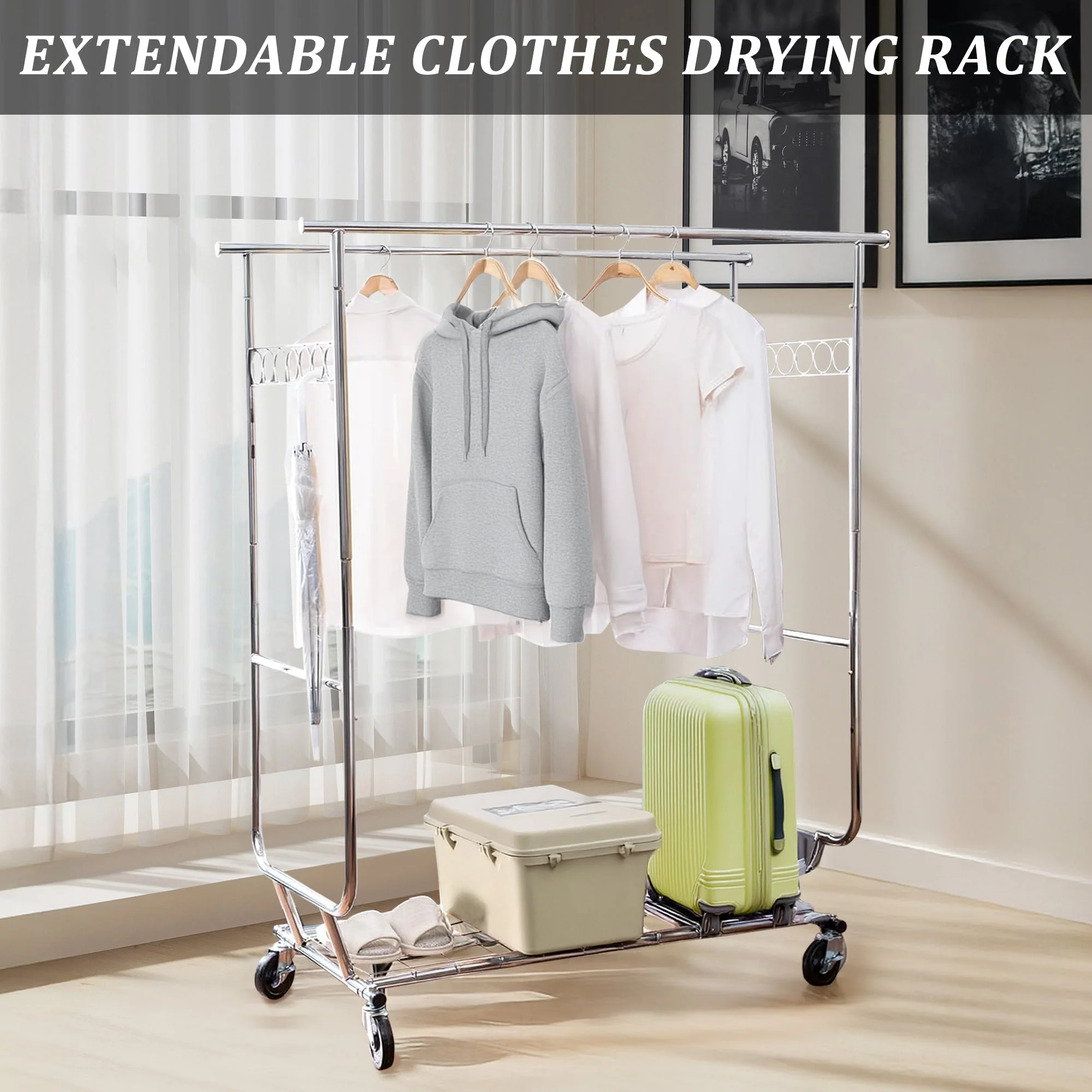 New Heavy Duty Double Rod Clothing Garment Rack – Rolling Adjustable Closet Organizer with Storage 600 lbs Capacity SKU AMCMR2992 - Image 7