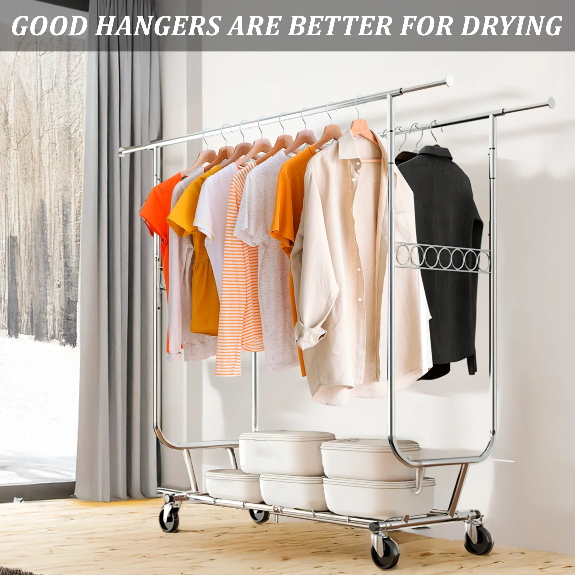 New Heavy Duty Double Rod Clothing Garment Rack – Rolling Adjustable Closet Organizer with Storage 600 lbs Capacity SKU AMCMR2992 - Image 8