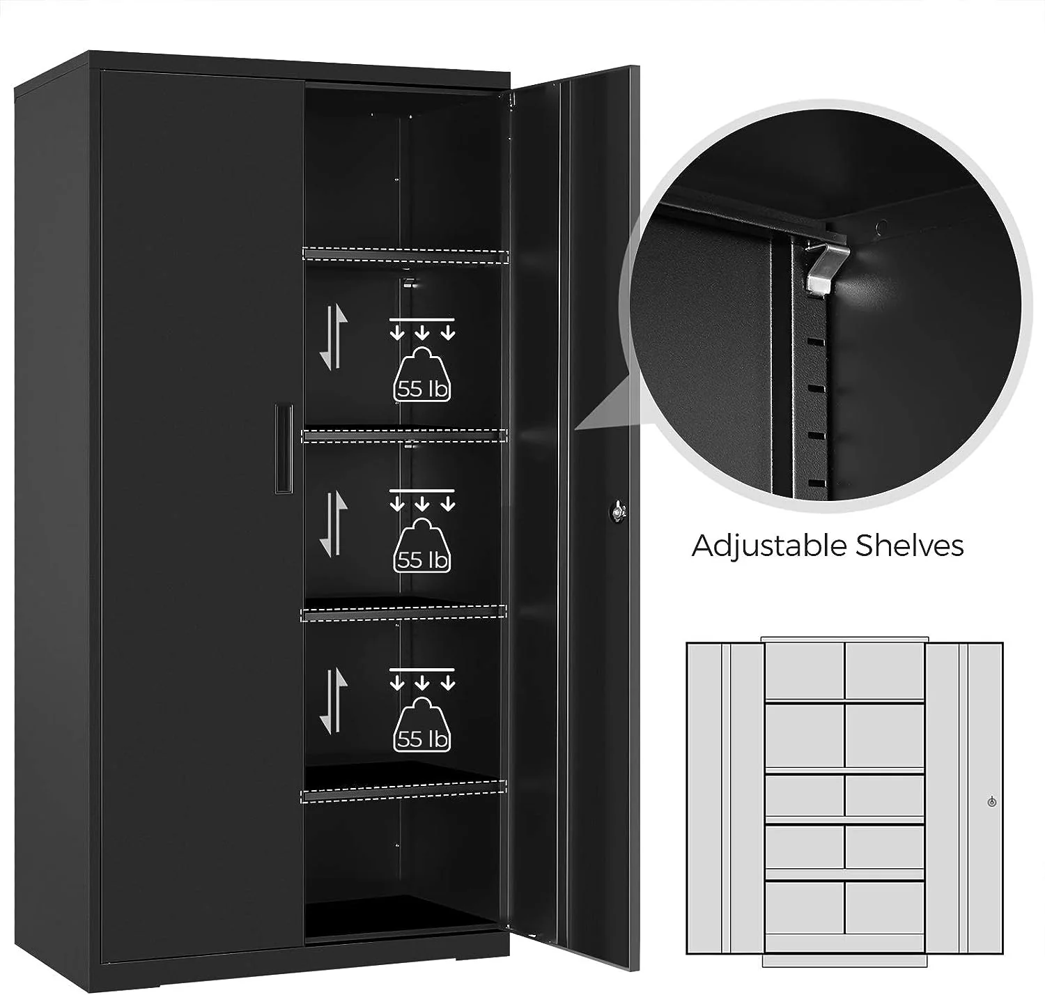 Heavy-Duty Metal Garage Storage Cabinet – Double Door Organizer for Tools & Equipment | Black Steel Cabinet (SKU: OMC015B02) - Image 6