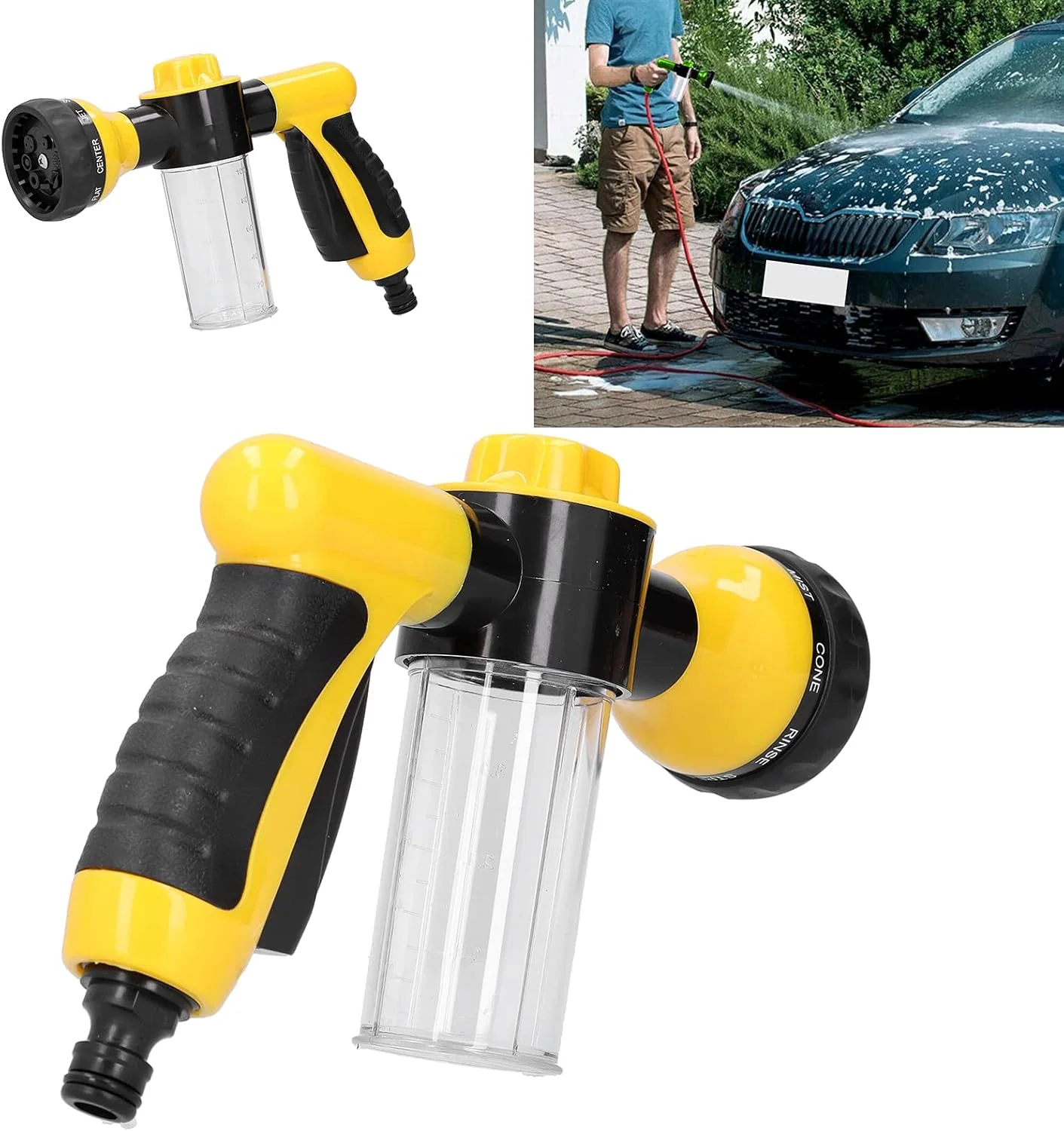 New High Pressure Garden Hose Nozzle with Built-in Soap Dispenser – 8 Spray Patterns, Adjustable Foam Blaster 5240816