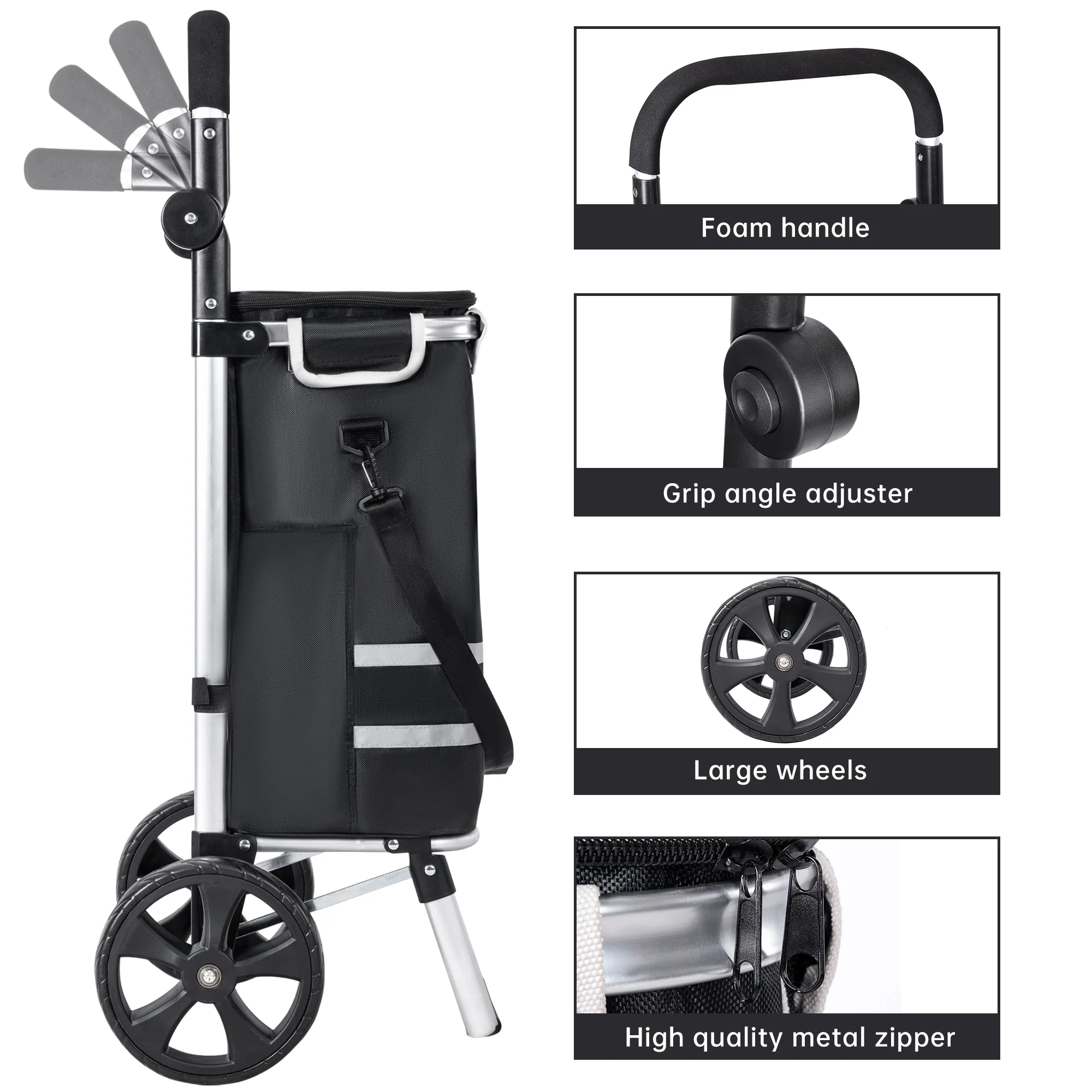 New Insulated Rolling Shopping Cart – Foldable Grocery Trolley with Cooler Bag, Large Wheels & Reflective Strips 110 lbs Capacity AMTL266 - Image 2