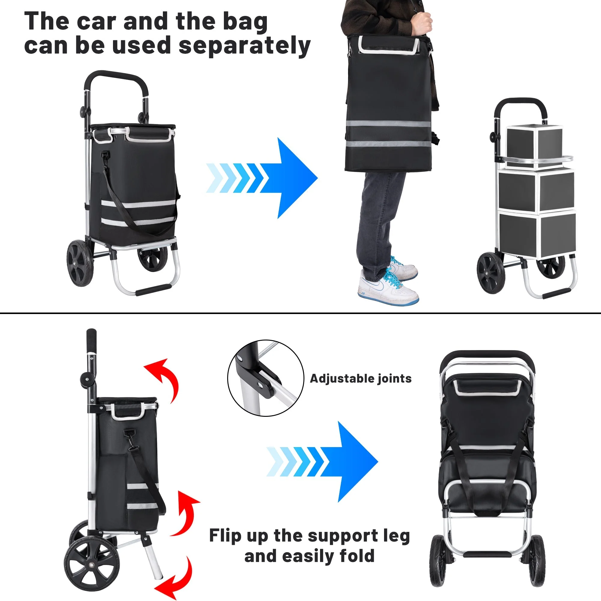 New Insulated Rolling Shopping Cart – Foldable Grocery Trolley with Cooler Bag, Large Wheels & Reflective Strips 110 lbs Capacity AMTL266 - Image 4