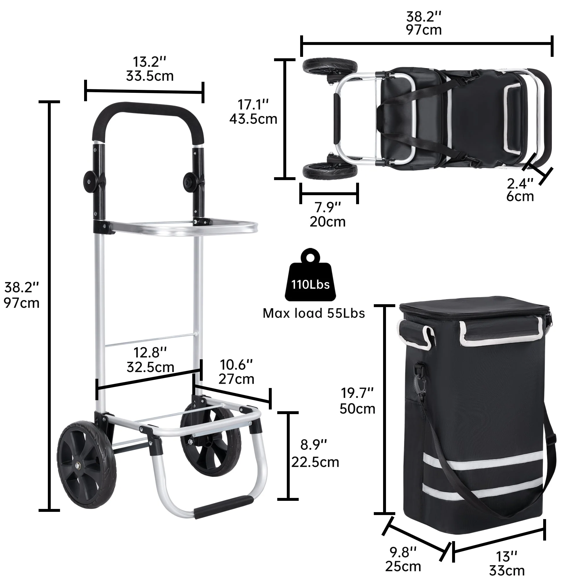 New Insulated Rolling Shopping Cart – Foldable Grocery Trolley with Cooler Bag, Large Wheels & Reflective Strips 110 lbs Capacity AMTL266 - Image 5