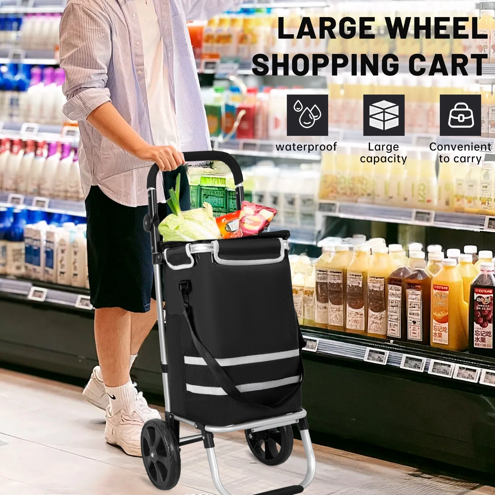 New Insulated Rolling Shopping Cart – Foldable Grocery Trolley with Cooler Bag, Large Wheels & Reflective Strips 110 lbs Capacity AMTL266 - Image 7