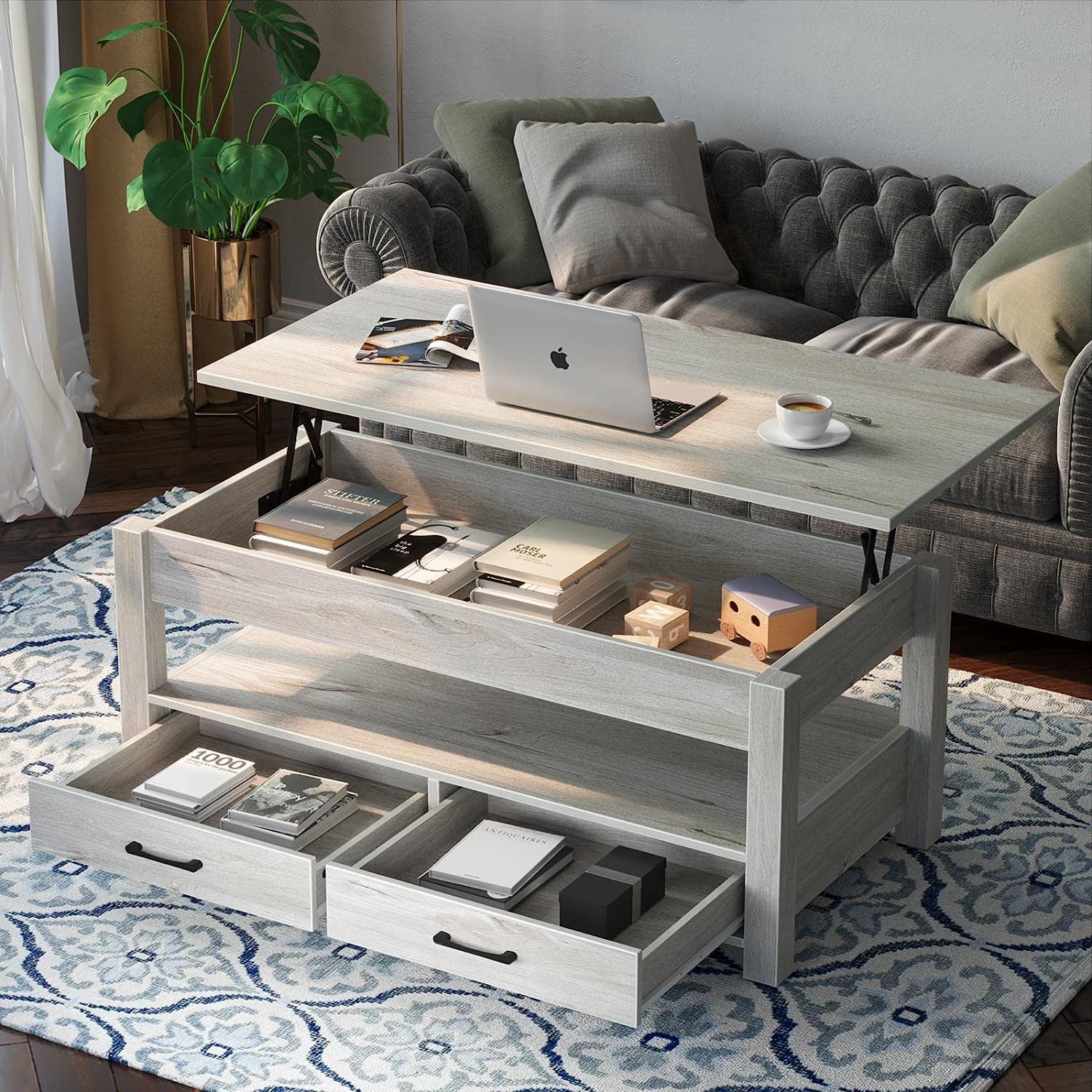 New Lift Top Coffee Table with Storage – Gray or White Modern Wood Table for Living Room