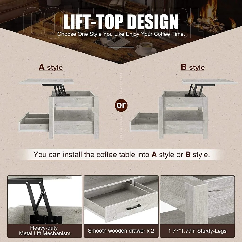 New Lift Top Coffee Table with Storage – Gray or White Modern Wood Table for Living Room - Image 7