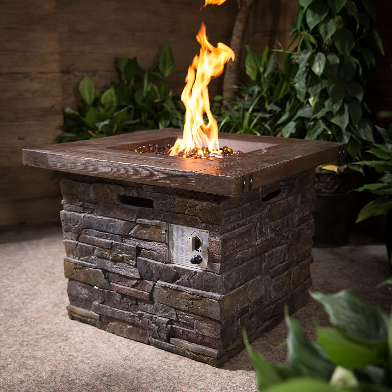 New Natural Stone Square Fiberglass Gas Firepit – 40,000 BTU with Lava Rocks & Cover | SKU: HF30502