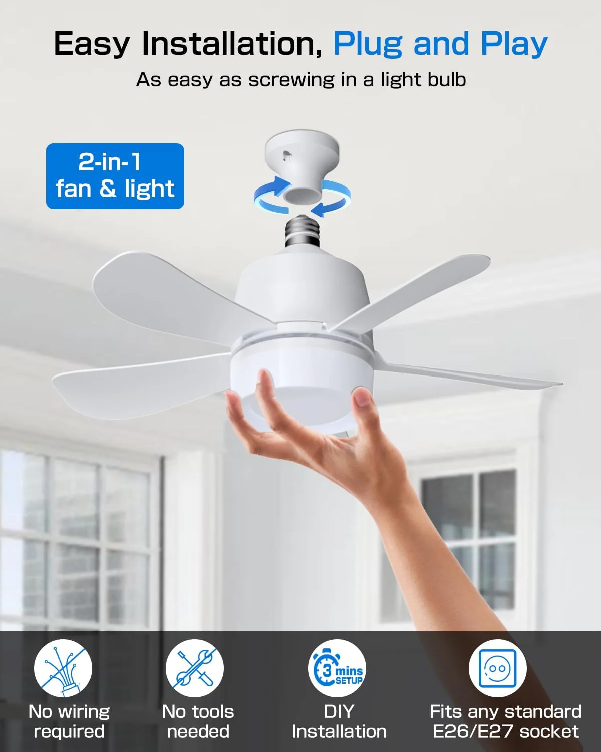 New Socket Fan Light – 2-in-1 LED Ceiling Fan Light Bulb with Remote Dimmable, 3 Color 250522F