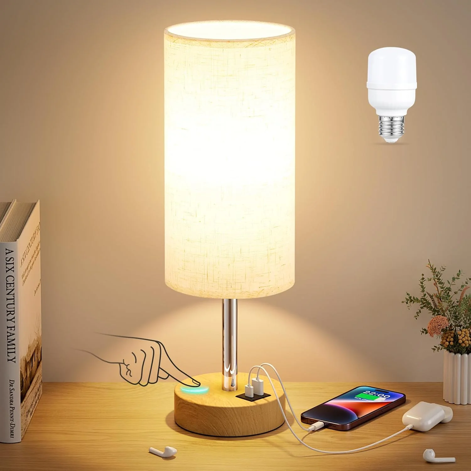 NEW Touch Control Bedside Table Lamp with USB Charging Port Dimmable Night Light White T2674 - Image 5