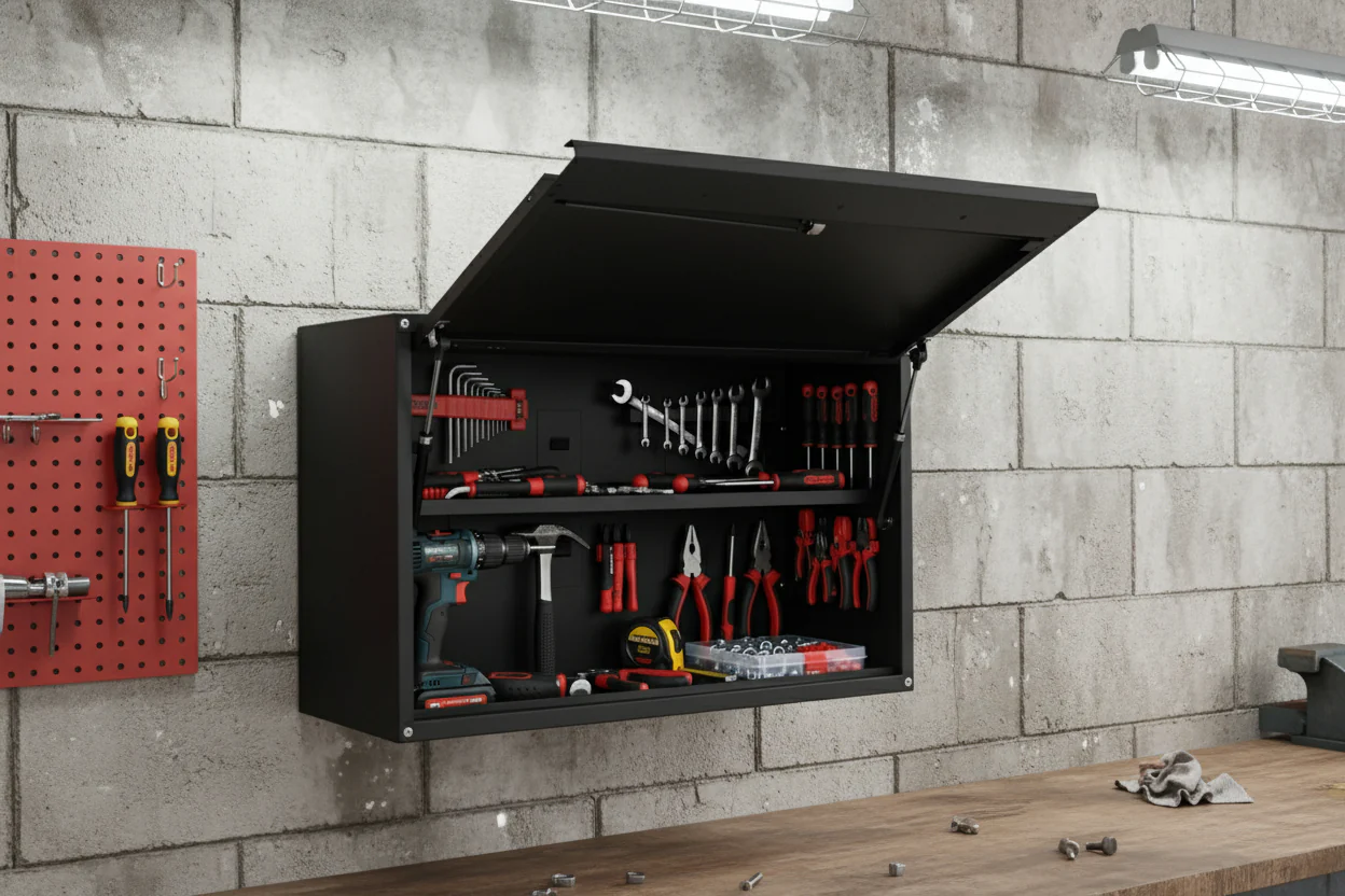New Wall Mounted Flip Up Open Tool Box Cabinet – Heavy Duty Storage Organizer for Garage & Workshop 445471
