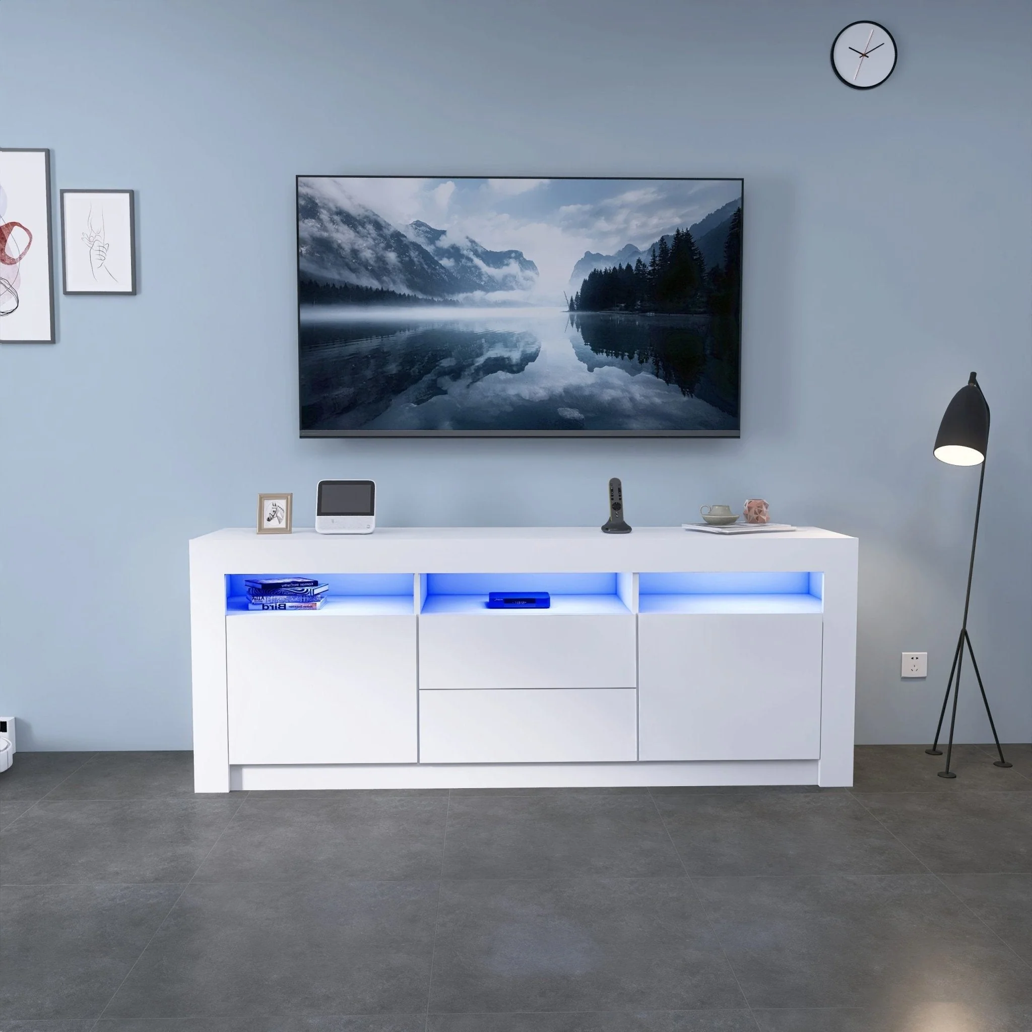 New White High Gloss LED TV Stand Cabinet – Modern Media Console with Storage TS045