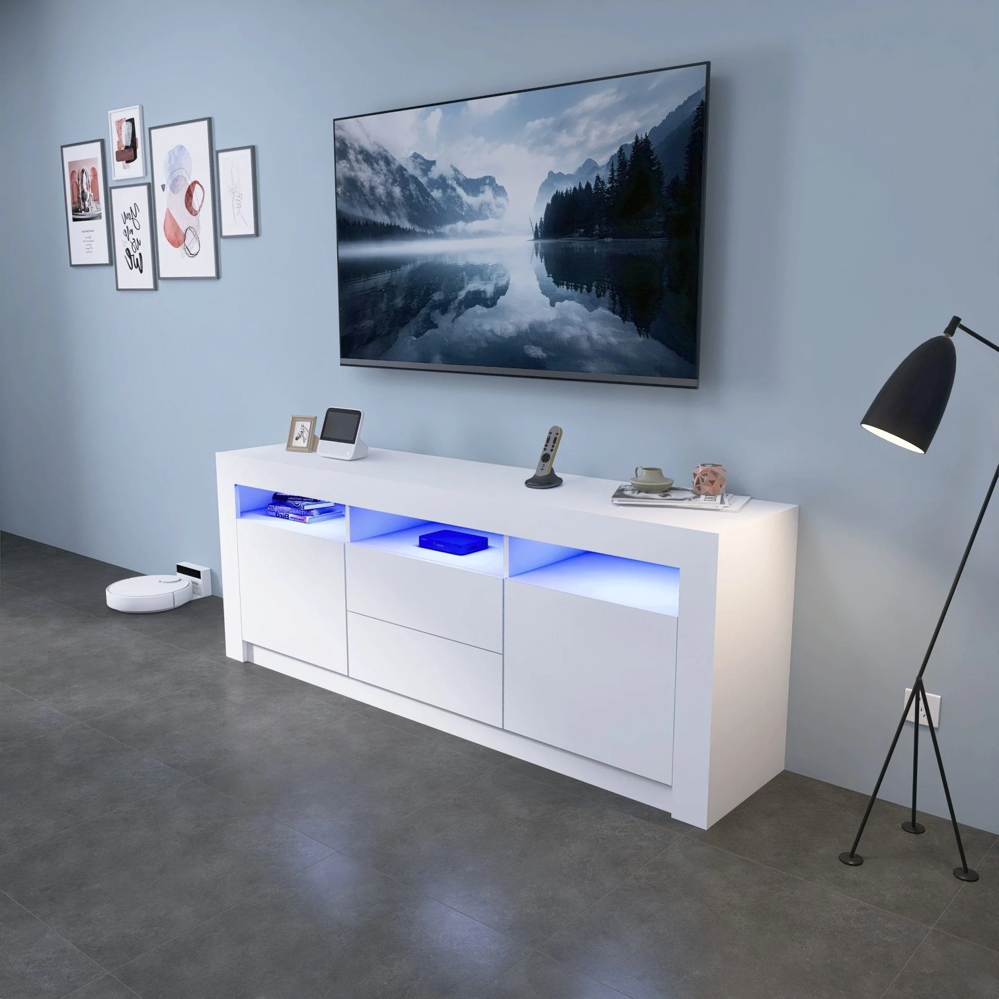 New White High Gloss LED TV Stand Cabinet – Modern Media Console with Storage TS045 - Image 2
