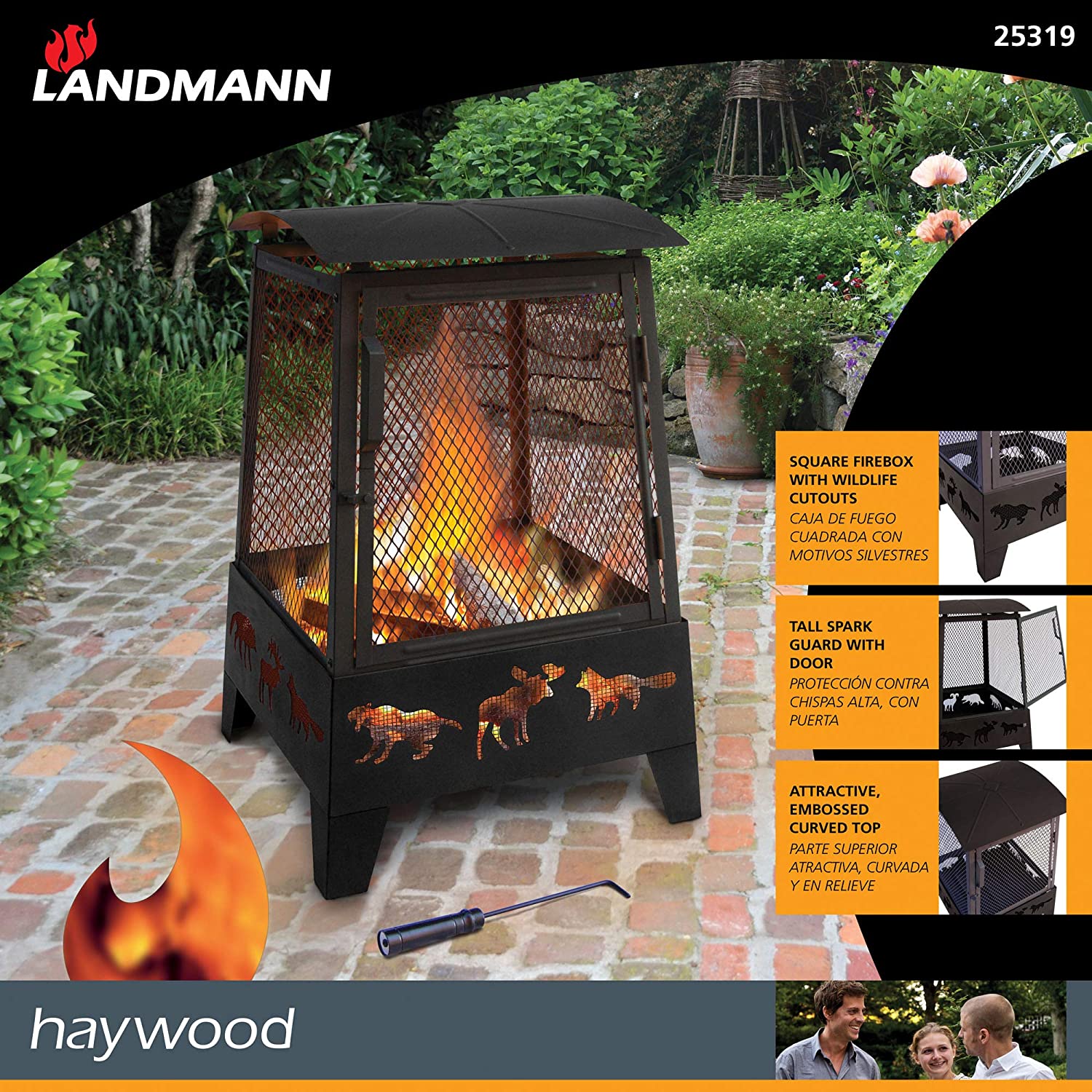 New Wildlife Theme Square Firepit with Tall Spark Guard & Poker – Steel Outdoor Fireplace | SKU: XY0611 - Image 3
