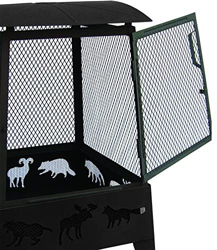 New Wildlife Theme Square Firepit with Tall Spark Guard & Poker – Steel Outdoor Fireplace | SKU: XY0611 - Image 5