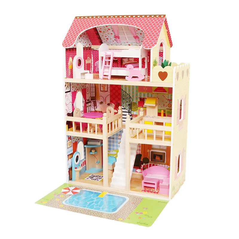 New Wooden Dollhouse with 15-Piece Furniture Set – Kids Playhouse Toy for Girls & Boys D06036