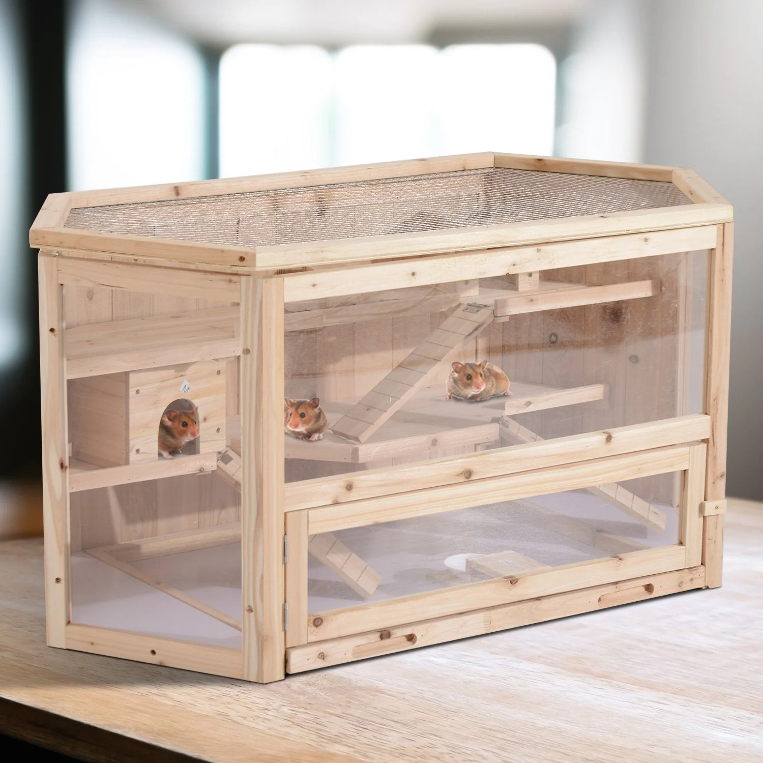 New Wooden Large Hamster & Rodent Cage with 3 Tiers – Natural Wood – SKU HH001