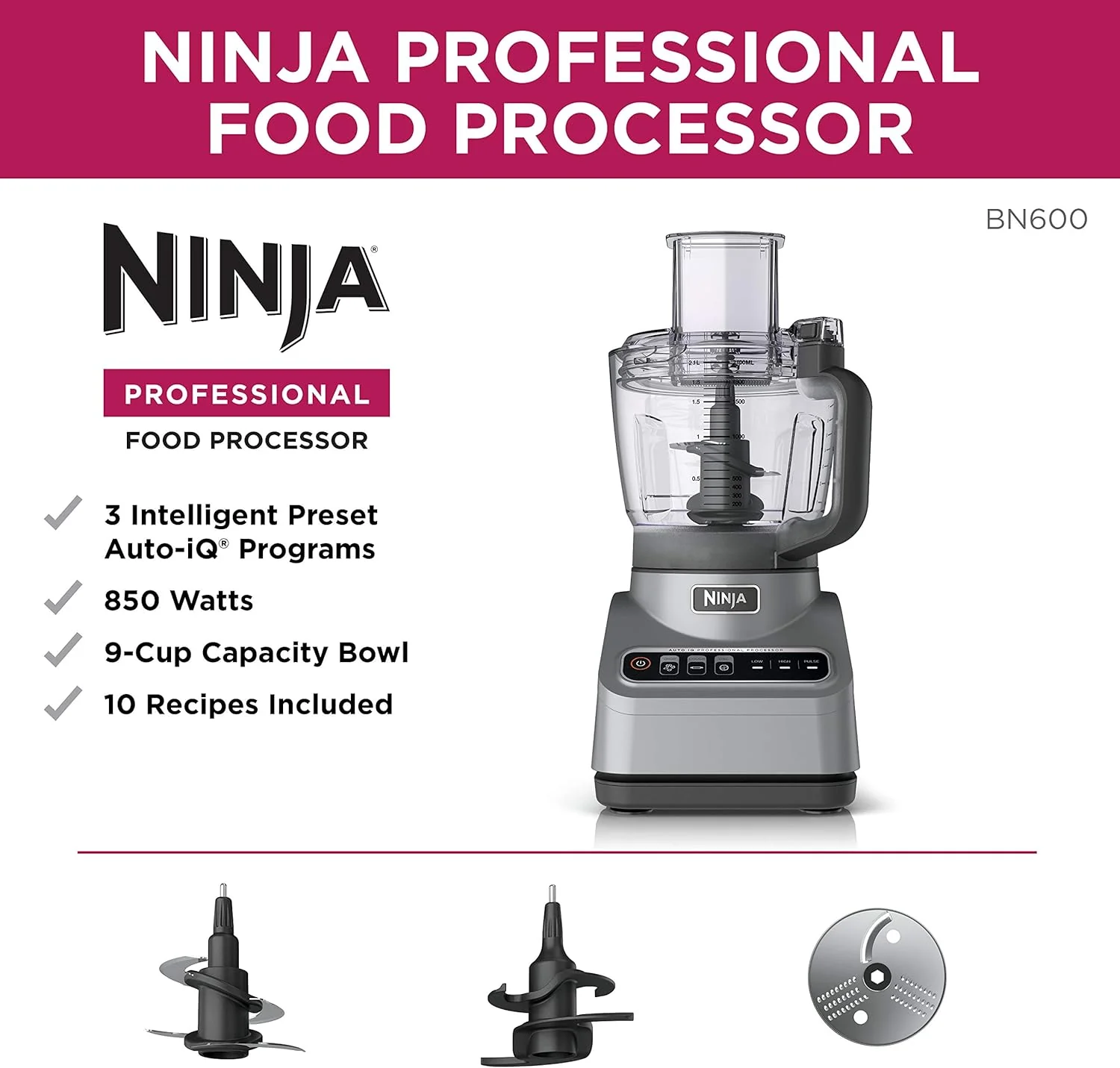 Ninja Professional Plus Food Processor 850-Watts With Auto-iQ Preset Programs Chop Puree Dough Slice Shred With a 9-Cup Capacity and a Silver Stainless Finish (BN600C) - Canadian Version, used item - Image 3