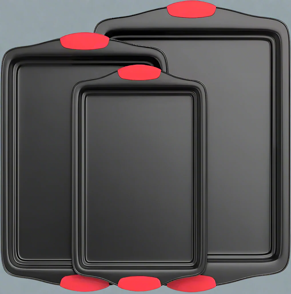 3-Piece Non-Stick Cookie Sheet Baking Pan Set – Carbon Steel with Silicone Handles | SKU: 2205241