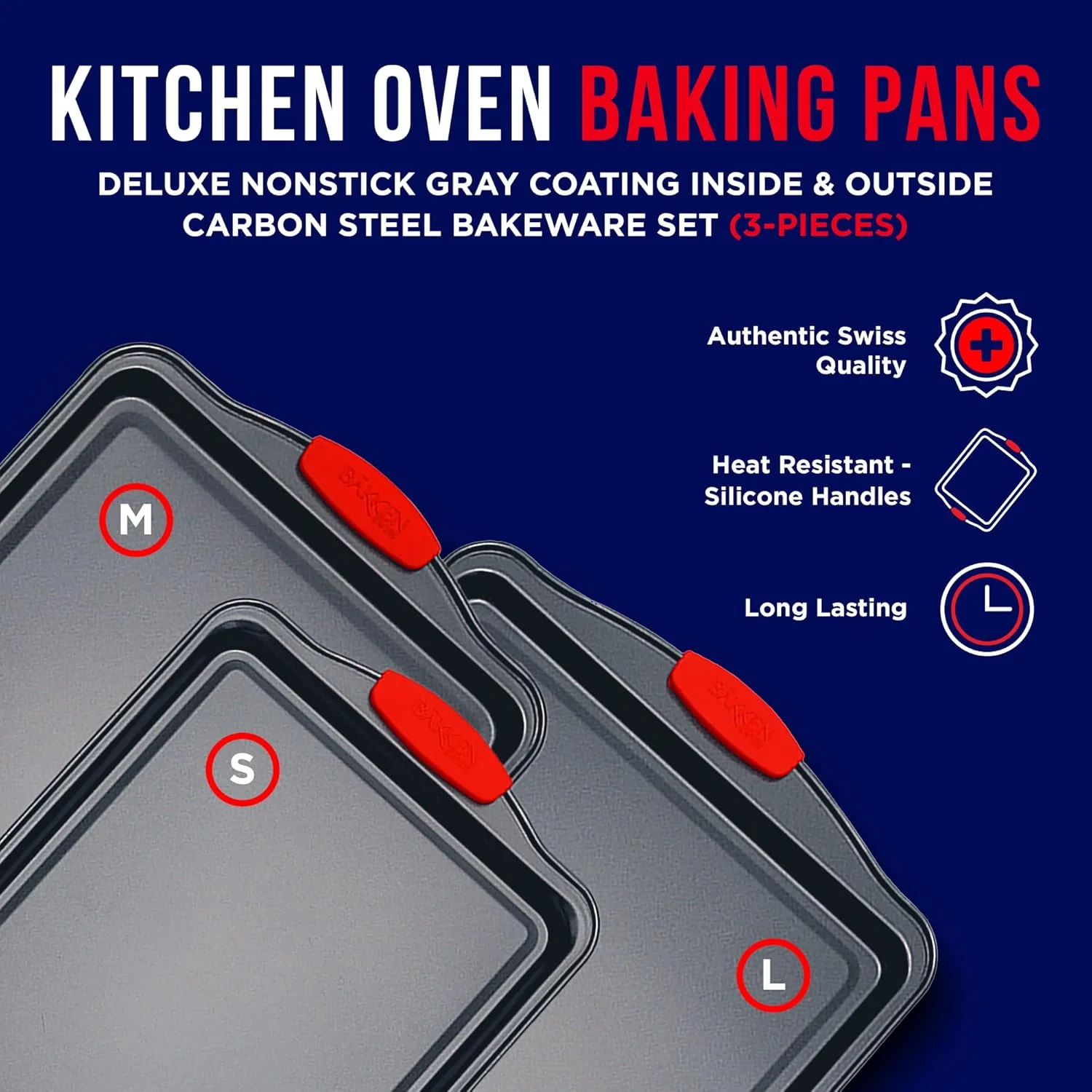 3-Piece Non-Stick Cookie Sheet Baking Pan Set – Carbon Steel with Silicone Handles | SKU: 2205241 - Image 6