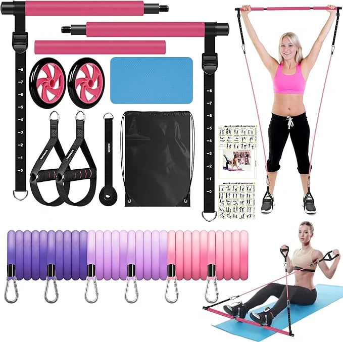 OLODEER Pilates Bar Kit with Resistance Bands and Ab Roller Home Workout Set