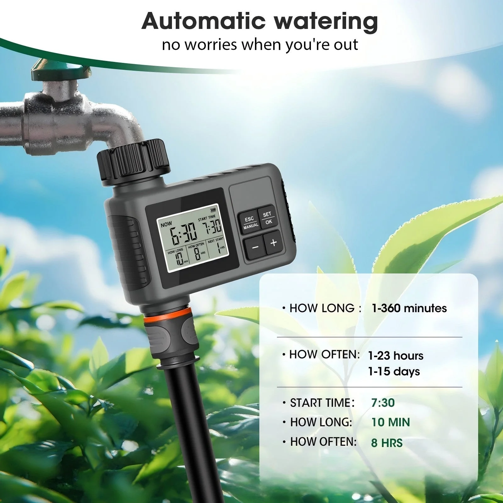 Outdoor Garden Hose Faucet Timer Programmable Sprinkler with Rain Delay Manual Auto Irrigation Yard Lawn – SGW01 - Image 2
