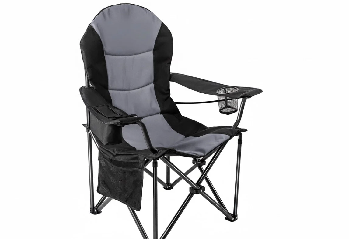 Outdoor Heavy-Duty Folding Camping Chair – Oversized Padded Quad Armchair with Lumbar Support, Cup Holder, Cooler Bag & Side Pocket | Supports 400 lbs | DS120A1