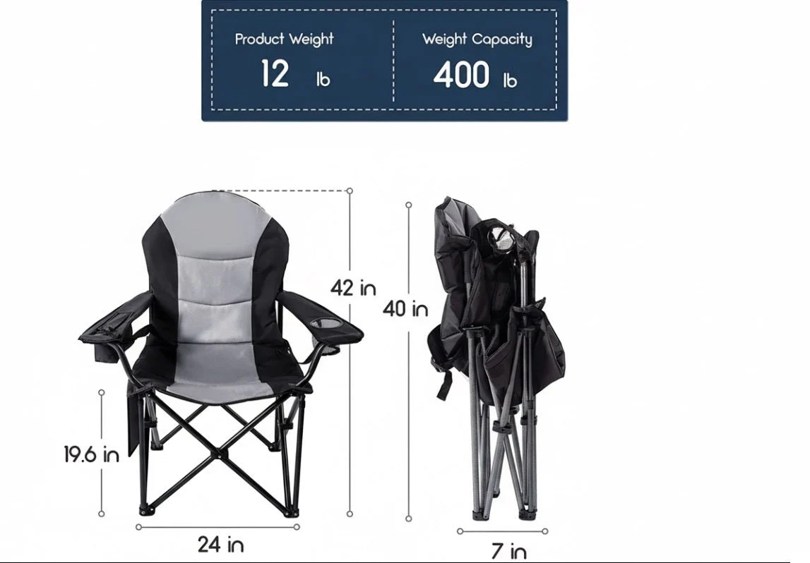 Outdoor Heavy-Duty Folding Camping Chair – Oversized Padded Quad Armchair with Lumbar Support, Cup Holder, Cooler Bag & Side Pocket | Supports 400 lbs | DS120A1 - Image 2
