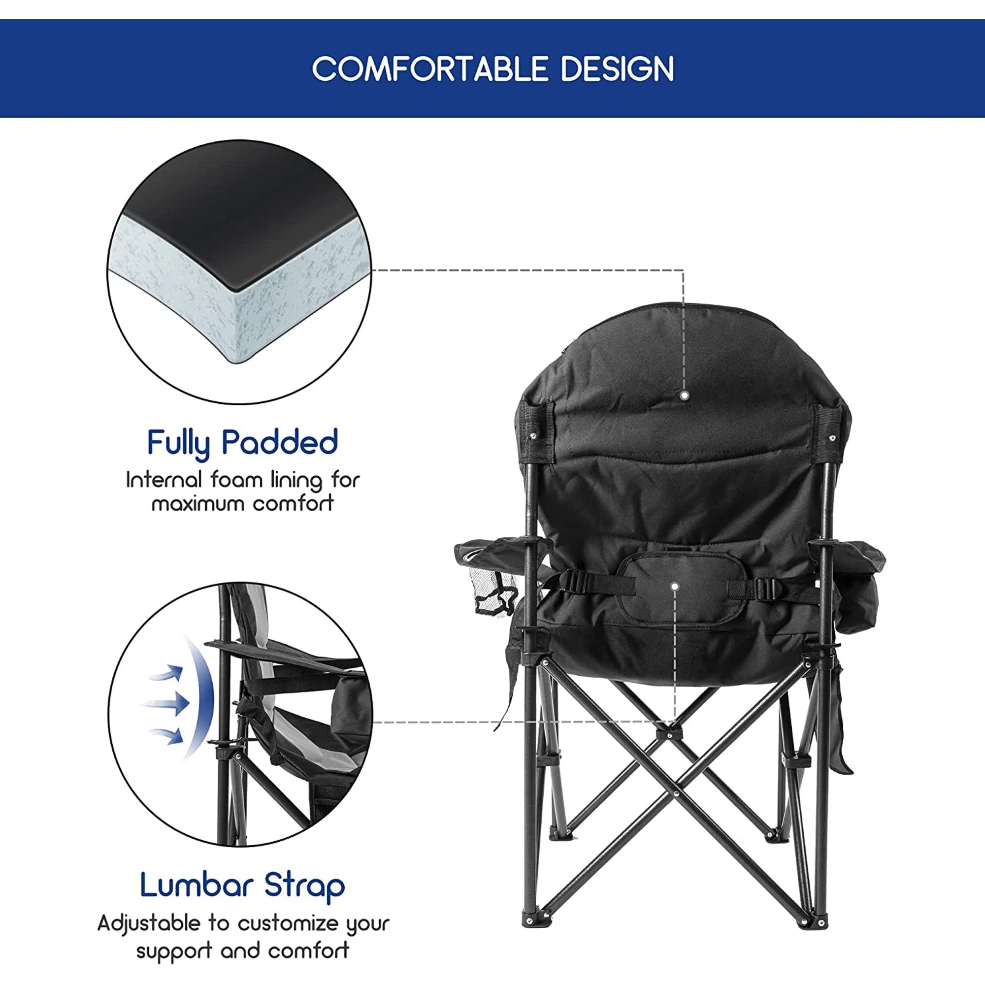 Outdoor Heavy-Duty Folding Camping Chair – Oversized Padded Quad Armchair with Lumbar Support, Cup Holder, Cooler Bag & Side Pocket | Supports 400 lbs | DS120A1 - Image 3