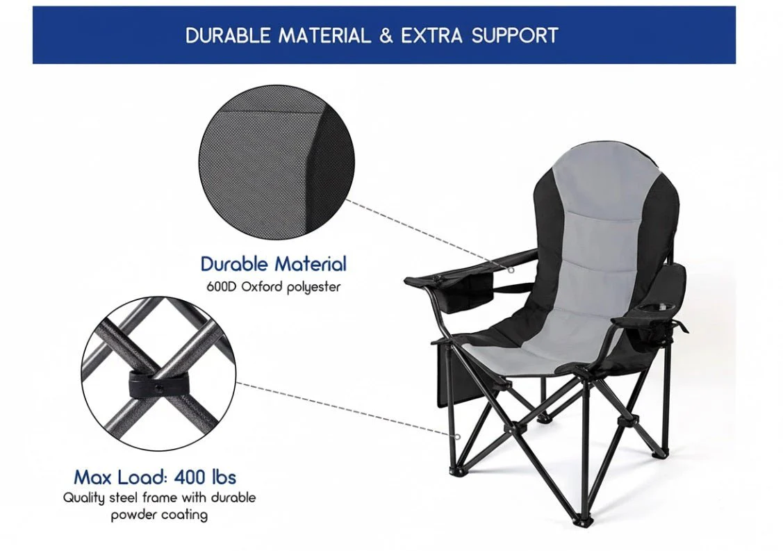 Outdoor Heavy-Duty Folding Camping Chair – Oversized Padded Quad Armchair with Lumbar Support, Cup Holder, Cooler Bag & Side Pocket | Supports 400 lbs | DS120A1 - Image 4