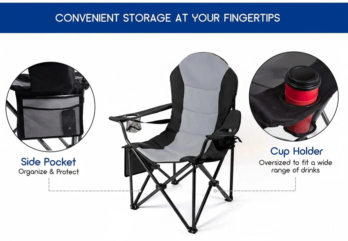 Outdoor Heavy-Duty Folding Camping Chair – Oversized Padded Quad Armchair with Lumbar Support, Cup Holder, Cooler Bag & Side Pocket | Supports 400 lbs | DS120A1 - Image 5