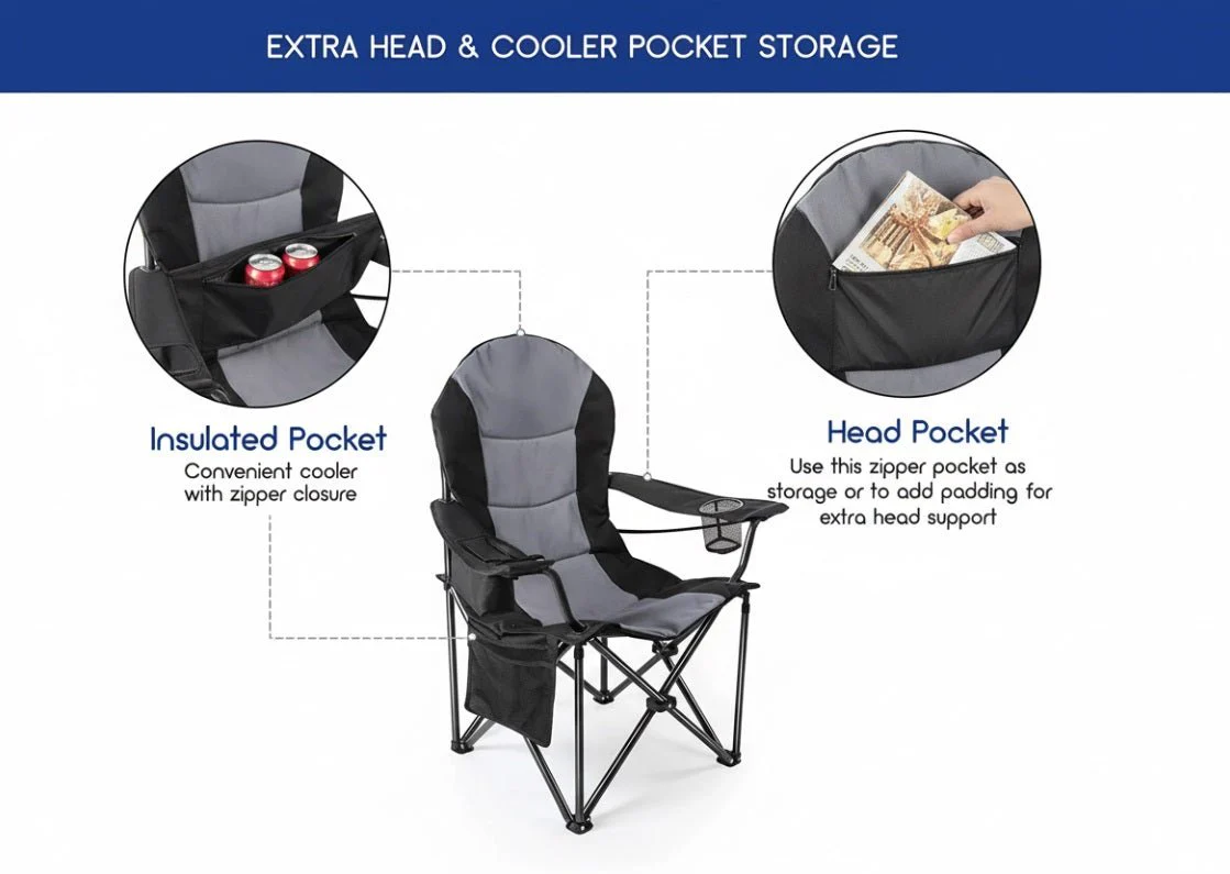 Outdoor Heavy-Duty Folding Camping Chair – Oversized Padded Quad Armchair with Lumbar Support, Cup Holder, Cooler Bag & Side Pocket | Supports 400 lbs | DS120A1 - Image 6