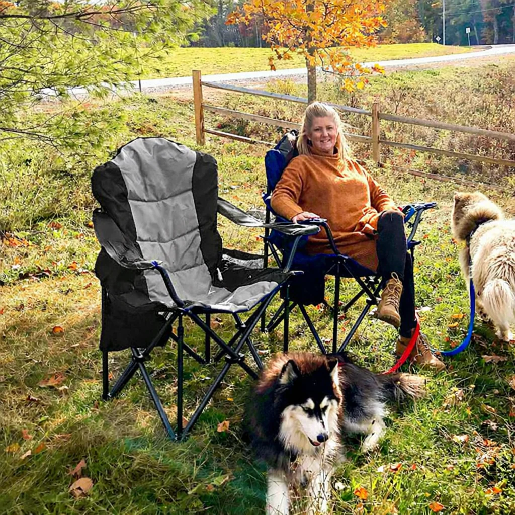 Outdoor Heavy-Duty Folding Camping Chair – Oversized Padded Quad Armchair with Lumbar Support, Cup Holder, Cooler Bag & Side Pocket | Supports 400 lbs | DS120A1 - Image 7
