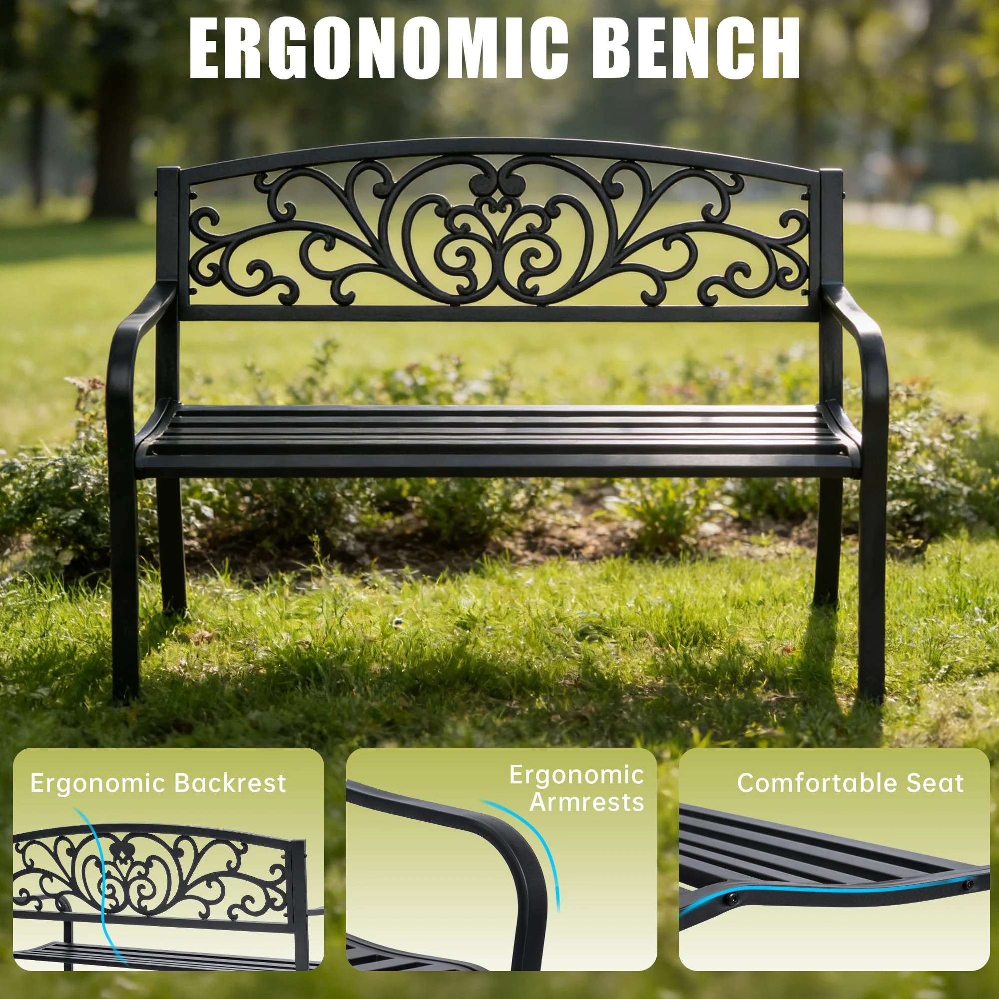 Outdoor Metal Garden Bench Decorative Patio Park Bench Black Finish AMGB234 - Image 2