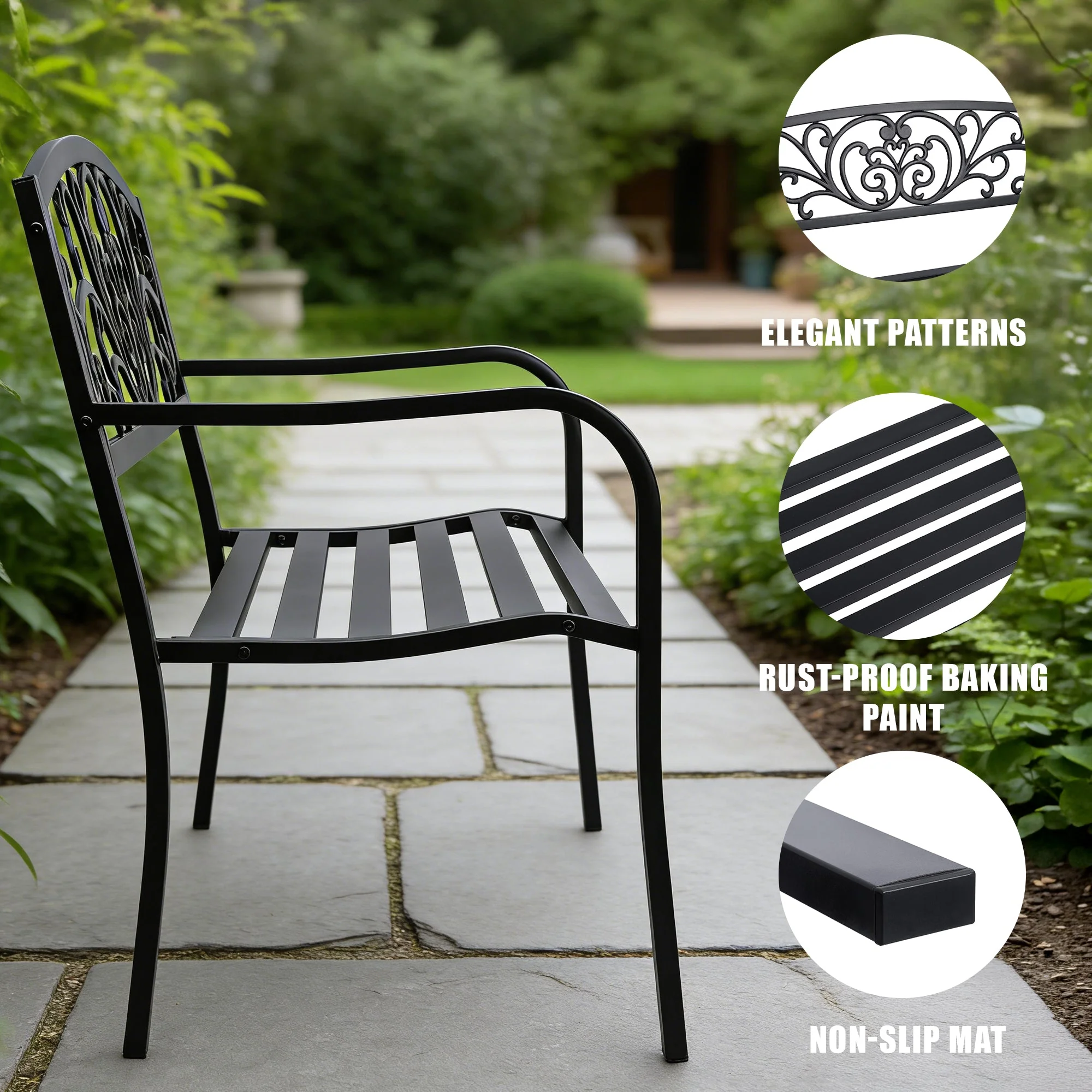 Outdoor Metal Garden Bench Decorative Patio Park Bench Black Finish AMGB234 - Image 3