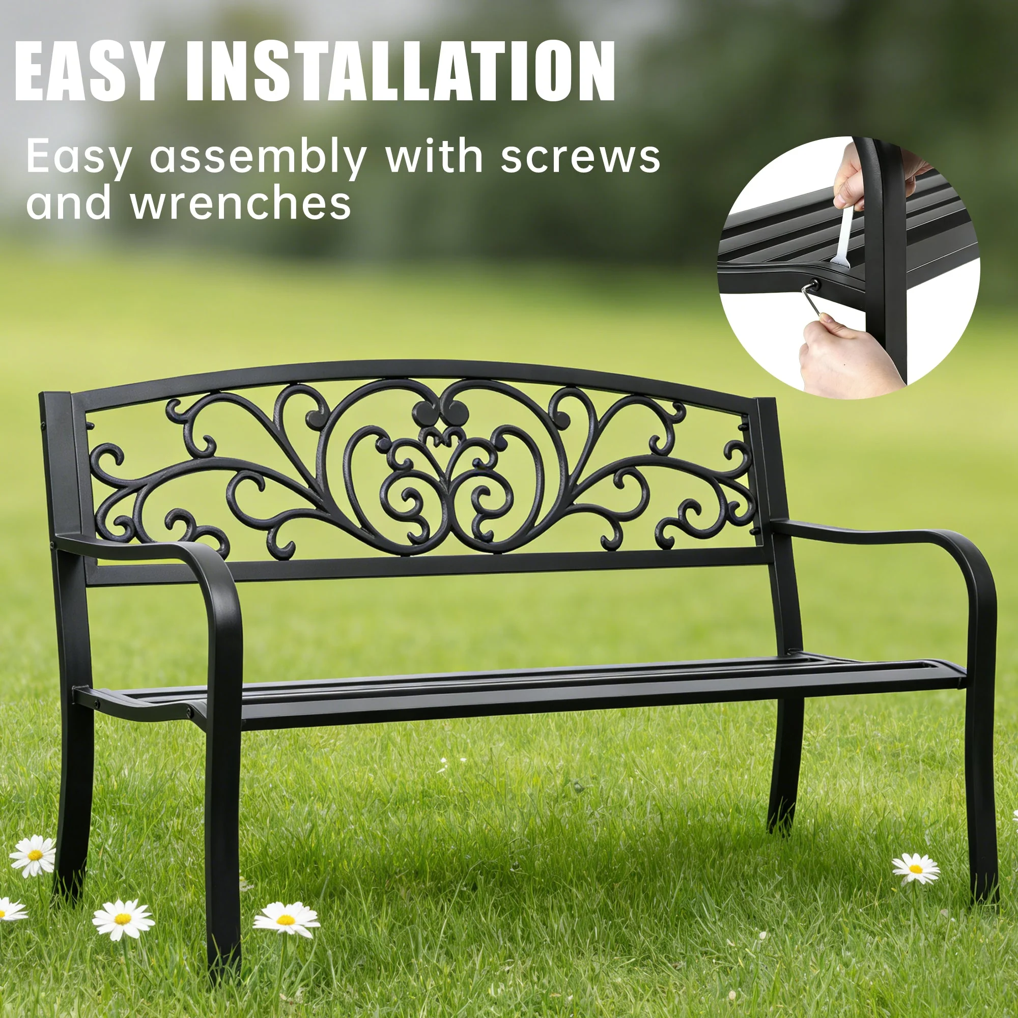 Outdoor Metal Garden Bench Decorative Patio Park Bench Black Finish AMGB234 - Image 4